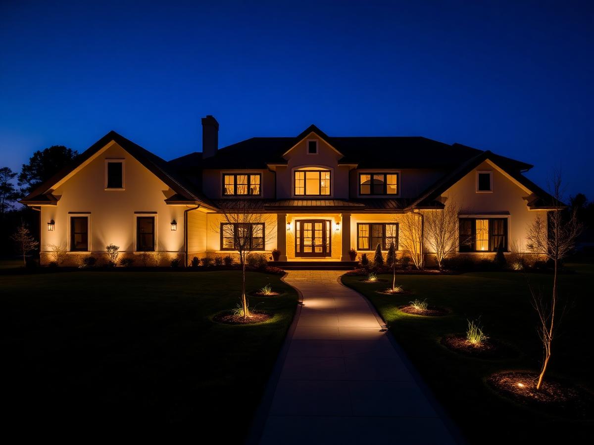 Home landscape lighting at dusk