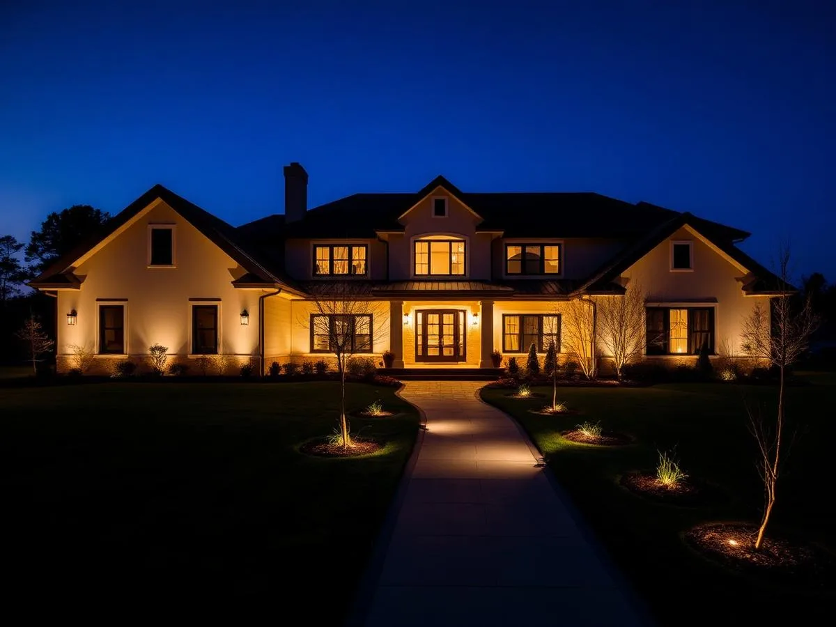 Home landscape lighting at dusk